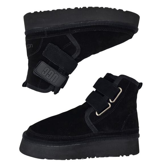 UGG Neumel Platform Ankle Boots Black Suede Straps Shearling Bootie Women's 8 - Picture 2 of 9